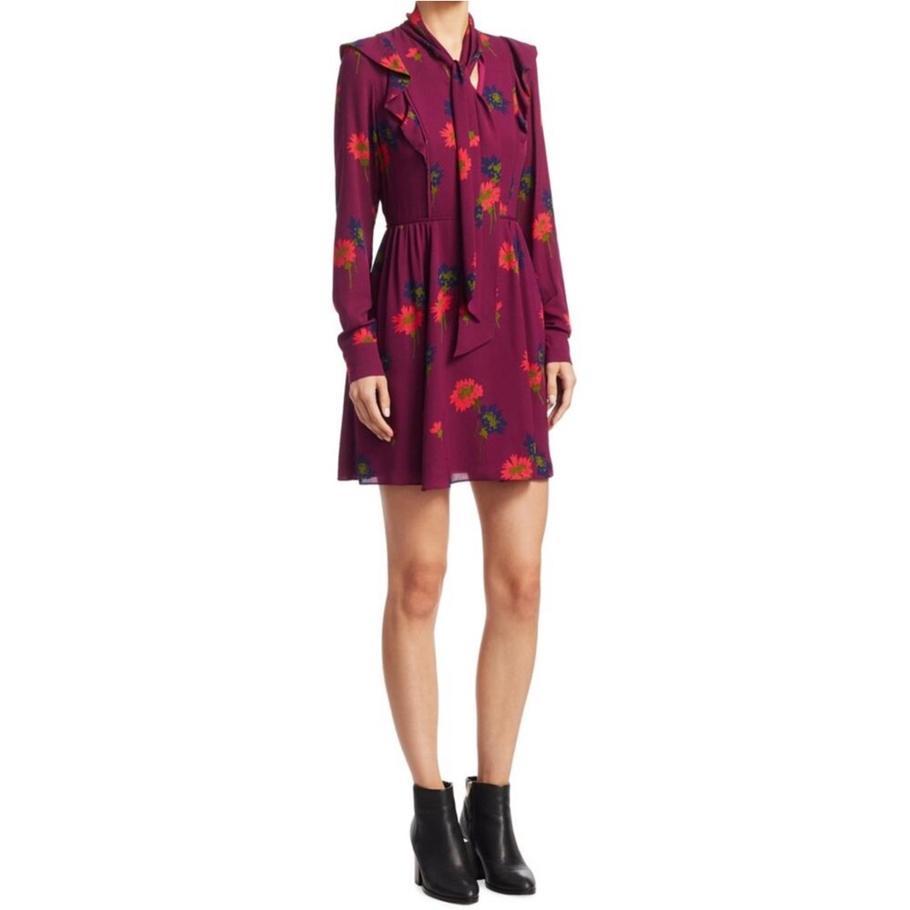 Tanya Taylor Aubree Dress Floral Long Sleeve Ruffle Tie Size 2